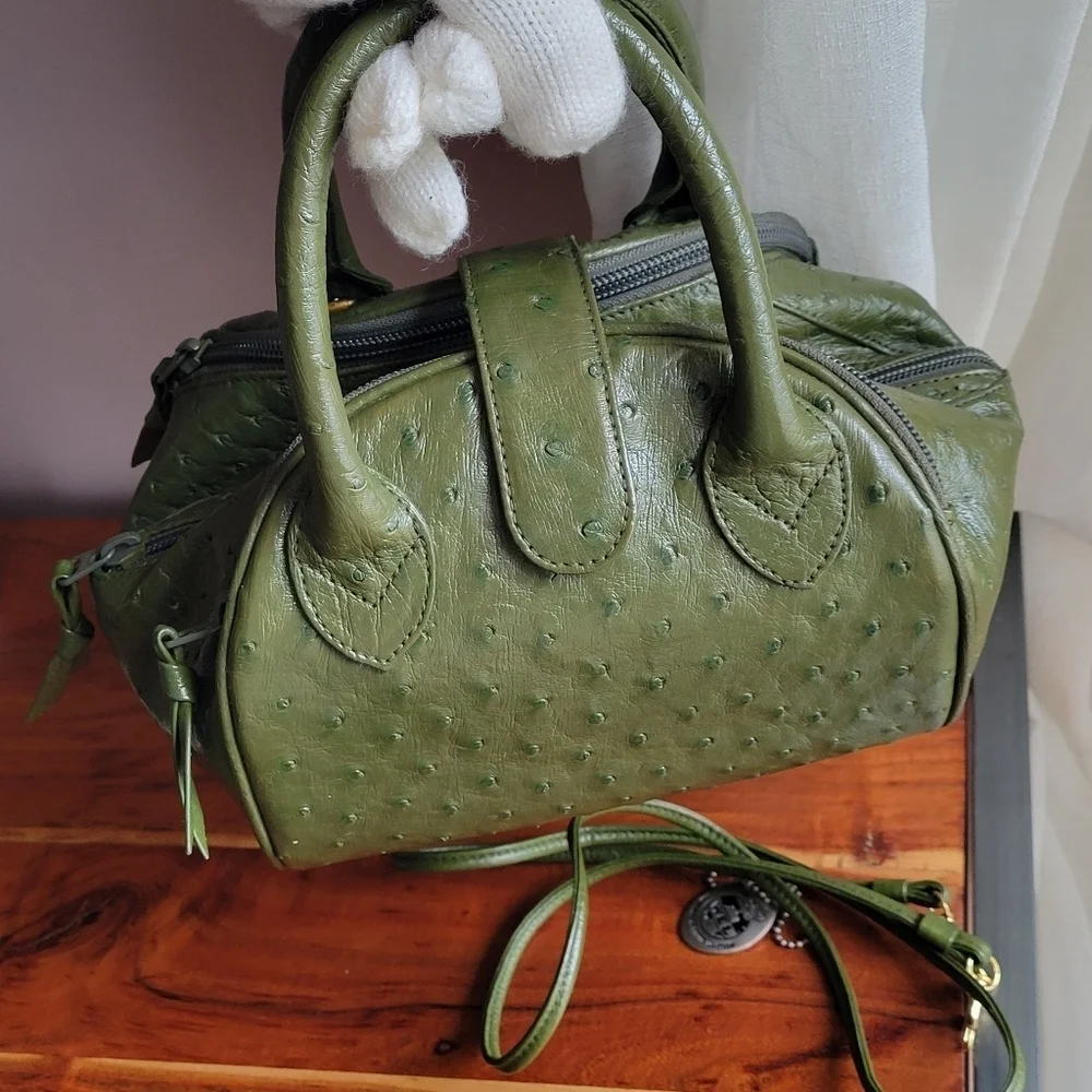WEL JAPAN Rare OSTRICH Exotic Leather Military Green Handbag Tokyo